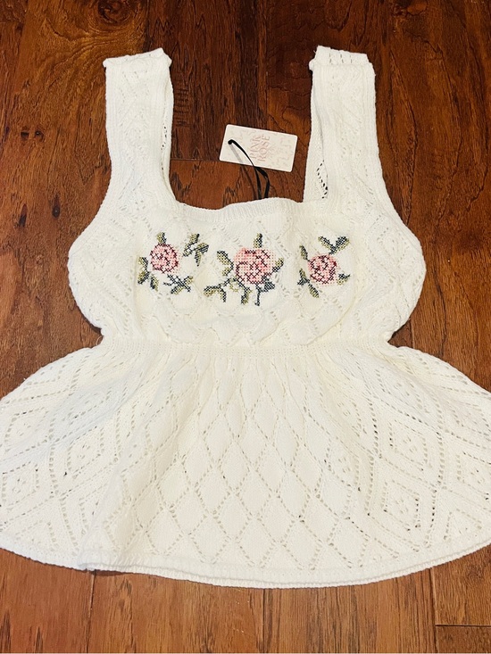 Pink Rose Tops - Pink Rose White Knit Tank with Floral Embroidery